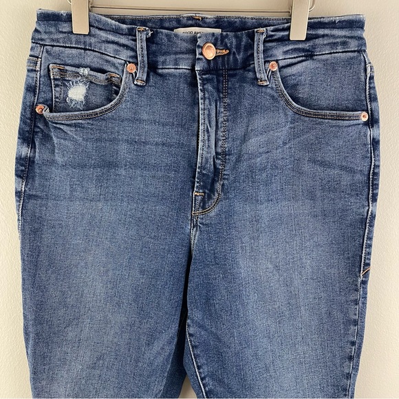 GOOD AMERICAN Navy Wash High Waisted Good Waist Distressed Knee Skinny Jeans - Picture 4 of 13